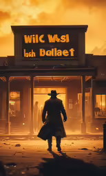 a cowboy walking out into an abandoned business