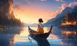 a woman in a yellow dress is standing on a boat,a woman in a long boat on a lake