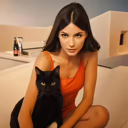 a woman is holding a black cat while wearing orange