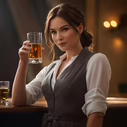 the woman holds up a glass of beer