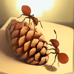 ants in between pinecone cones on white surface