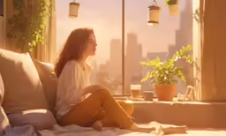 a woman sitting on a bed with a window open looking out at the city