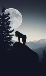 the silhouette of a person is standing on top of a mountain at night with a full moon in the background