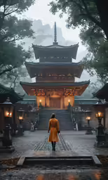 a person in yellow coat walking towards pagoda and lantern posts