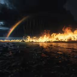a rainbow appears over a beach covered in smoke and water