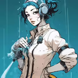 a cartoon avatar woman in headphones with long blue hair