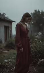 a woman in a brown dress is standing outside