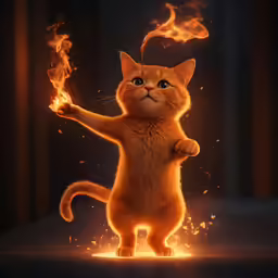 a cat standing on its hind legs holding a lit fire