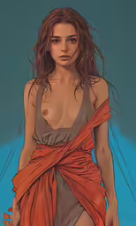 a woman with a dress and a body of water