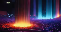 a stage with some lighting up on it,some lights and a fire in a large dark room