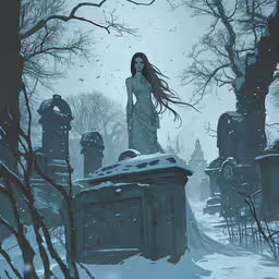 a woman in white dress standing on top of a cemetery,an artistic painting of a woman and graveyard