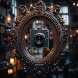 a fancy mirror with an old fashion camera inside