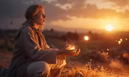woman sitting down and looking at a fire in the sky