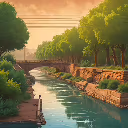 this painting shows an afternoon scene of the river and bridge,an image of a painting of a water scene