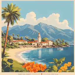 an illustration of a tropical village near the sea