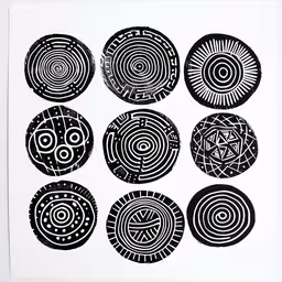 nine circle designs that look like they were drawn with ink,six circles on paper with black ink