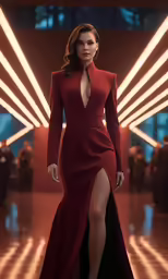 the model wears a red gown with an extravagant cutout