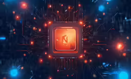 a colorful background with a red and orange logo