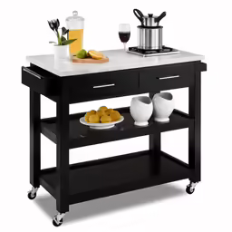 a kitchen cart with three trays and food on it