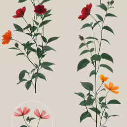 a collection of four different flowers with leaves