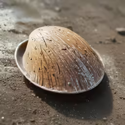 a wooden shell that is sitting on sand
