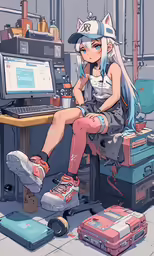 a girl is sitting at her desk with an open laptop