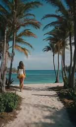 a woman is walking down a sandy path towards the ocean