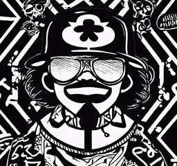 a black and white image of a man with glasses, mustache, beard, and hat,an illustration of a person in sunglasses and a hat