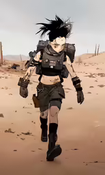 a woman with a black hair walking on sand