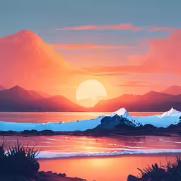 a painting of a sunset over the water with snow capped mountains,a beautiful sunset over an icy lake with some snowy mountains