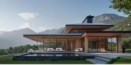 a very large modern house with a pool and patio