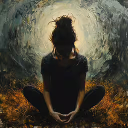 the person is sitting in the grass looking down,a girl is sitting in the grass with her eyes closed