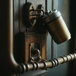 a coffee mug resting on the wall by a wooden door