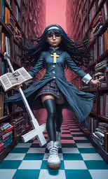 a person with a sword is running through the aisle