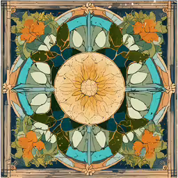 an art print of leaves and flowers,the flowered stained glass design from the art nouveau style
