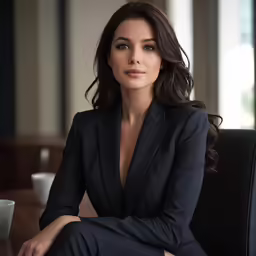 a woman wearing a black suit and sitting in a chair