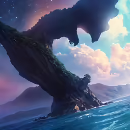 an ocean view with a large monster on a cliff
