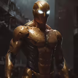 iron man standing next to a machine in front of a building