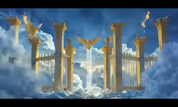 a painting of a gate in the air with clouds