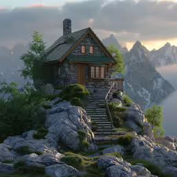 a picture of a house with some stairs to it,there is a house that is on top of some mountains