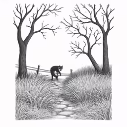 an artistic drawing of a black cat on a fence by trees