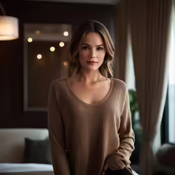 a beautiful woman wearing brown standing in front of a window