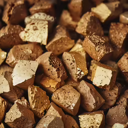 there are many pieces of brown chocolate with gold lust