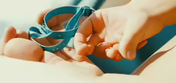 a couple of people holding the strap of a pair of baby shoes