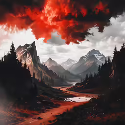 a painting of an orange and red landscape