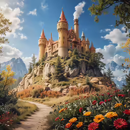 a big castle sitting on top of a cliff surrounded by flowers