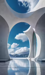 an art gallery with clouds reflected in the water