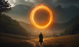 a person standing in the grass and looking at an orange ring