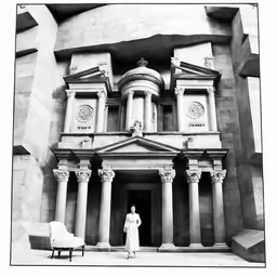 a woman standing in the entrance to a very old building