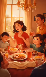 family sitting at the table together sharing an animated dinner
